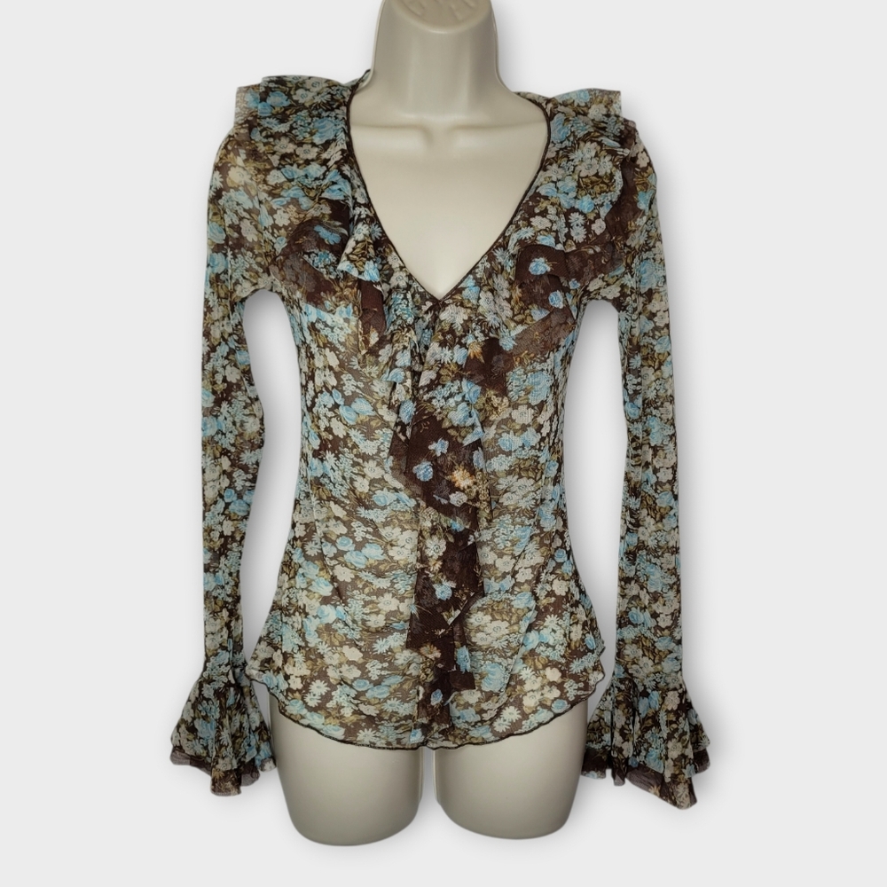 Vtg Y2K Karen Kane Mesh Sheer Ruffle Top S Brown Blue Floral Fairy